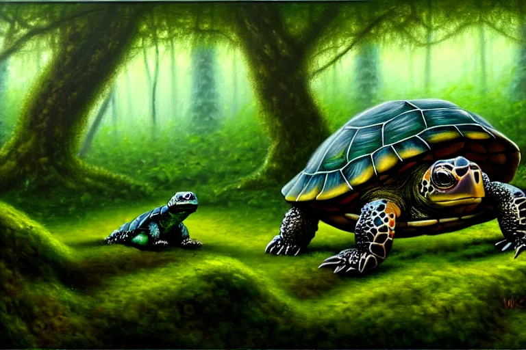 Image similar to highly detailed oil painting of a mossy turtle monster in the forest, featured on pixiv