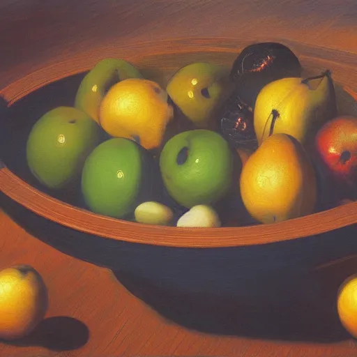 Prompt: in the style of Vincent Di Fate and Chris Moore, a bowl of fruits, very highly detailed, 8k, wallpaper
