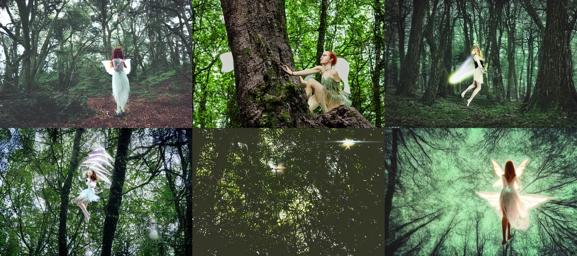 Prompt: A fairy flits among the trees, close angle, film still, photographic