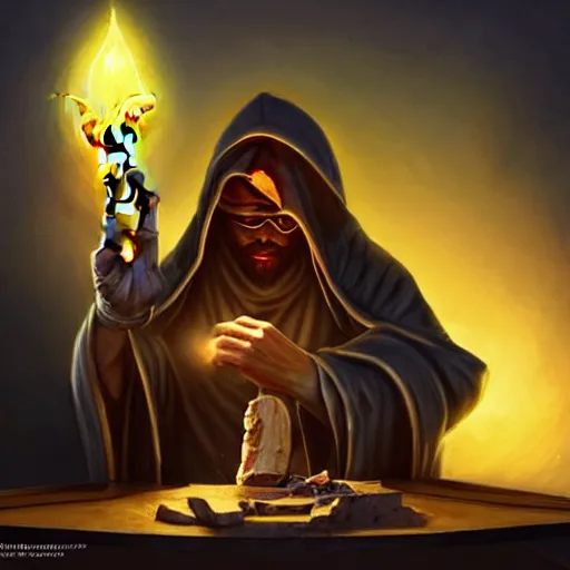 Image similar to a hooded cultist is stabbing a banana placed on an altar, in front of a stone statue of a forgotten god, by patrick mcenvoy and michael komarck and fantasy flight, incredible quality, trending on artstation