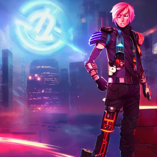 Prompt: cyberpunk ezreal as the leader of a futuristic communist nation, cybernetics, sharp lines, digital, artstation, colored in