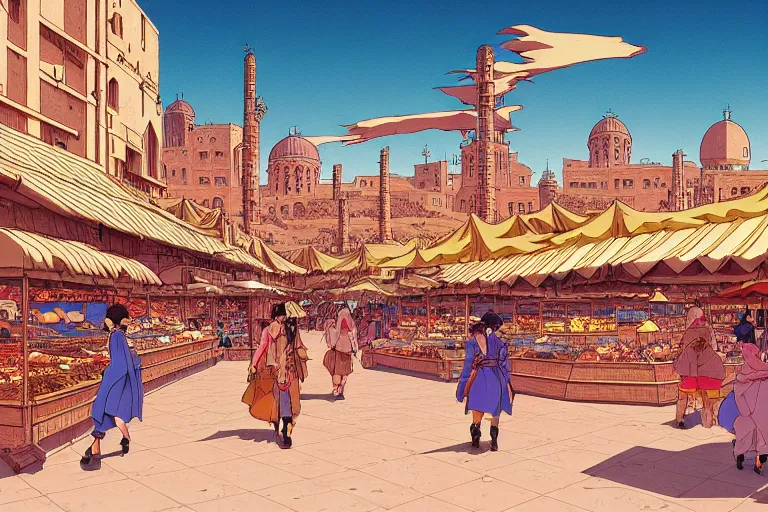 Prompt: cel-shaded study of a marketplace in a desert city with late renaissance buildings in the background, key visual with intricate linework, in the style of moebius, ayami kojima, 90's anime, retro fantasy