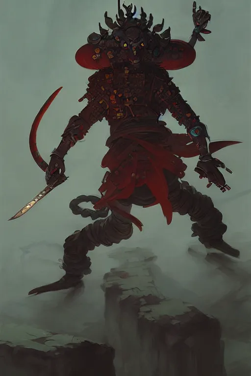 Image similar to samurai yokai cyberpunk kaiju shaman, character concept art by peter mohrbacher and andreas rocha and michael whelan and craig mullins and ross tran and wlop and caravaggio