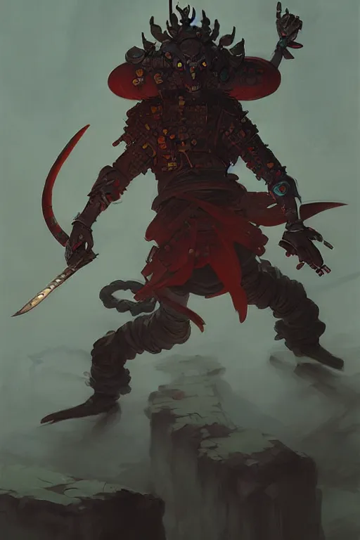 Prompt: samurai yokai cyberpunk kaiju shaman, character concept art by peter mohrbacher and andreas rocha and michael whelan and craig mullins and ross tran and wlop and caravaggio