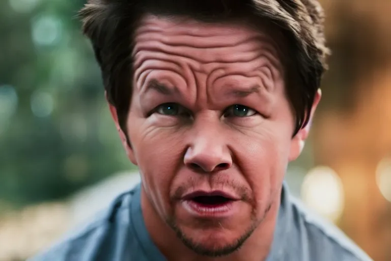 Image similar to mark wahlberg as matt daemon, all faces are distorted contorted, shock, repulsion, disgust, frustration, annoyance, laughter, smirk, snicker, cinematic still, movie still, long lens, shallow depth of field, bokeh, anamorphic lens flare, 8 k