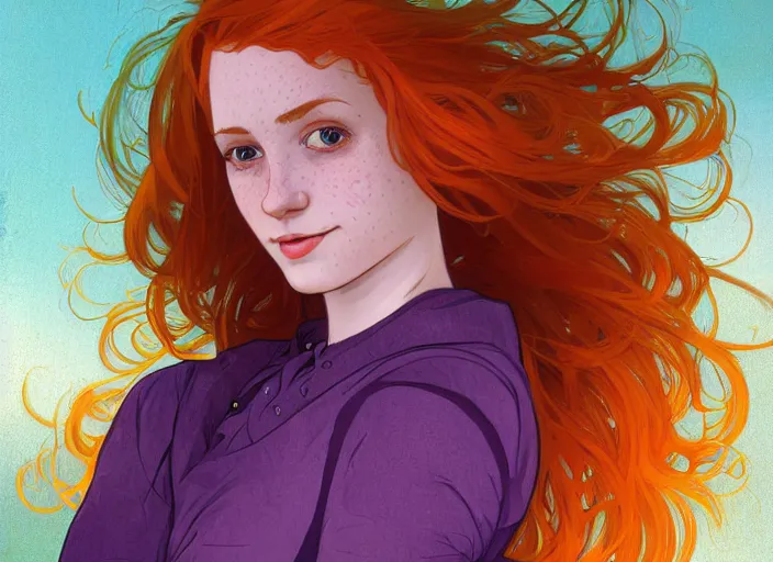 Prompt: portrait of a beautiful smiling girl with orange hair and freckles, green eyes, highly detailed, digital painting, concept art, smooth, sharp, focus, background is purple, trending on deviantart, alphonse mucha