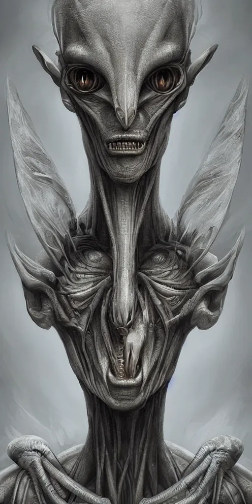 Image similar to portrait of a humanoid mantis alien, character design, detailed concept art by fortiche by anton semenov, by hr giger, by ross tran, masterpiece