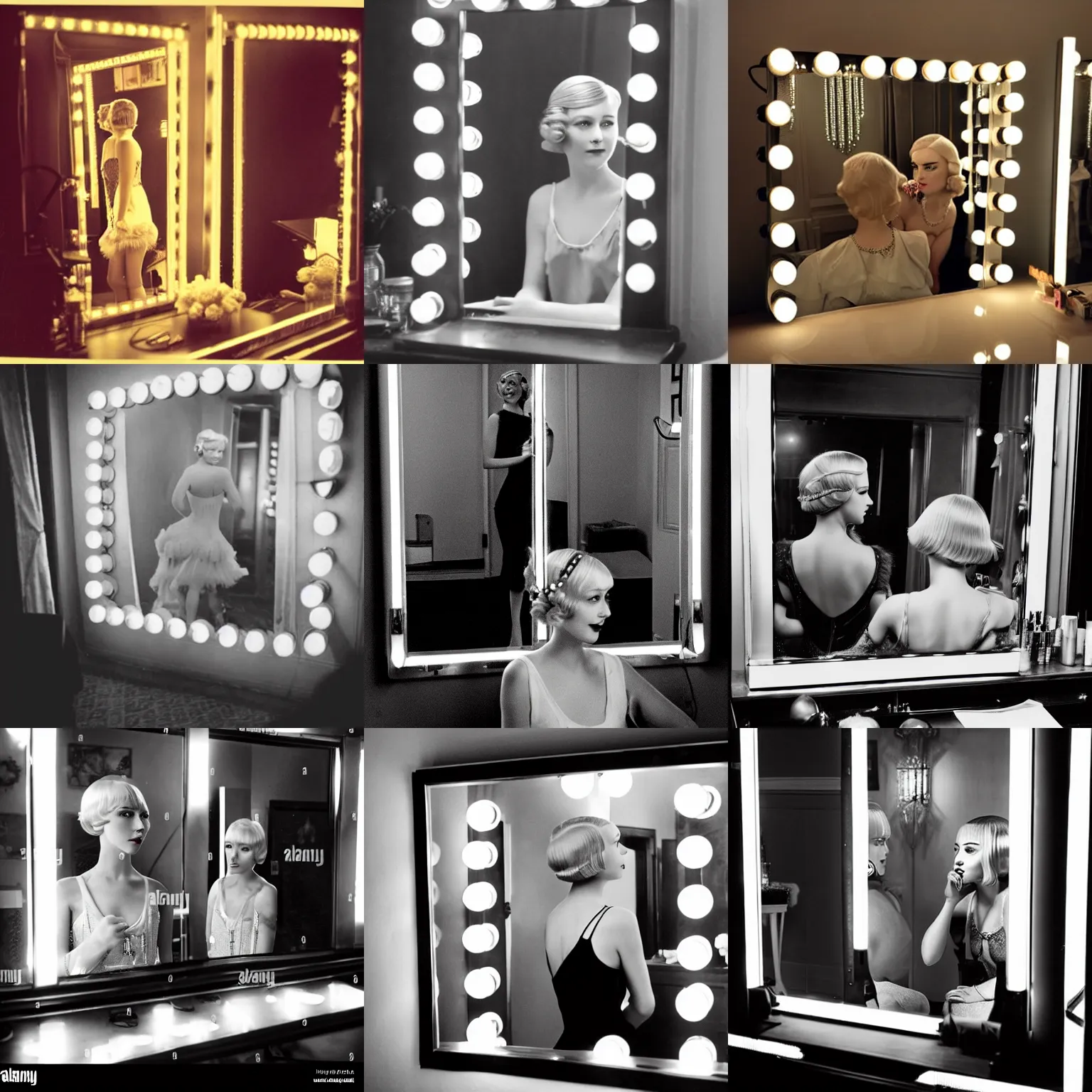 Prompt: dressing room photo of beautiful blonde girl looking at mirror, marquee lights, roaring 20's, the great gatsby, american 1920s