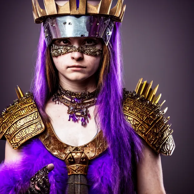 Prompt: photo of a beautiful cute warrior queen wearing amethyst encrusted armour, highly detailed, 4 k, hdr, smooth, sharp focus, high resolution, award - winning photo