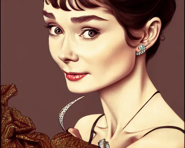 Image similar to photography of audrey hepburn in breakfast at tiffany's, deep focus, intricate, elegant, highly detailed, digital painting, artstation, concept art, matte, sharp focus, illustration, art by artgerm and greg rutkowski and alphonse mucha