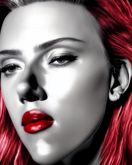 Image similar to highly detailed vfx portrait of scarlett johansson, red lipstick, global illumination, detailed and intricate environment