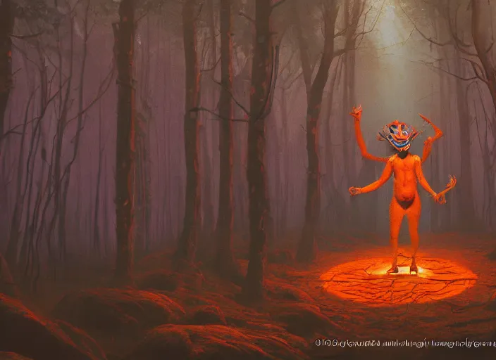 Image similar to dozens of orange safety cones are spread around a beautiful strange forest, a man in a hairy gorrilla costume sri lankan mahasona yaka devil beast in a mask dances in ritual in the center distance, cinematic painting by james jean, atomspheric lighting, moody lighting, dappled light, detailed, digital art, limited color palette, wes anderson, artstation