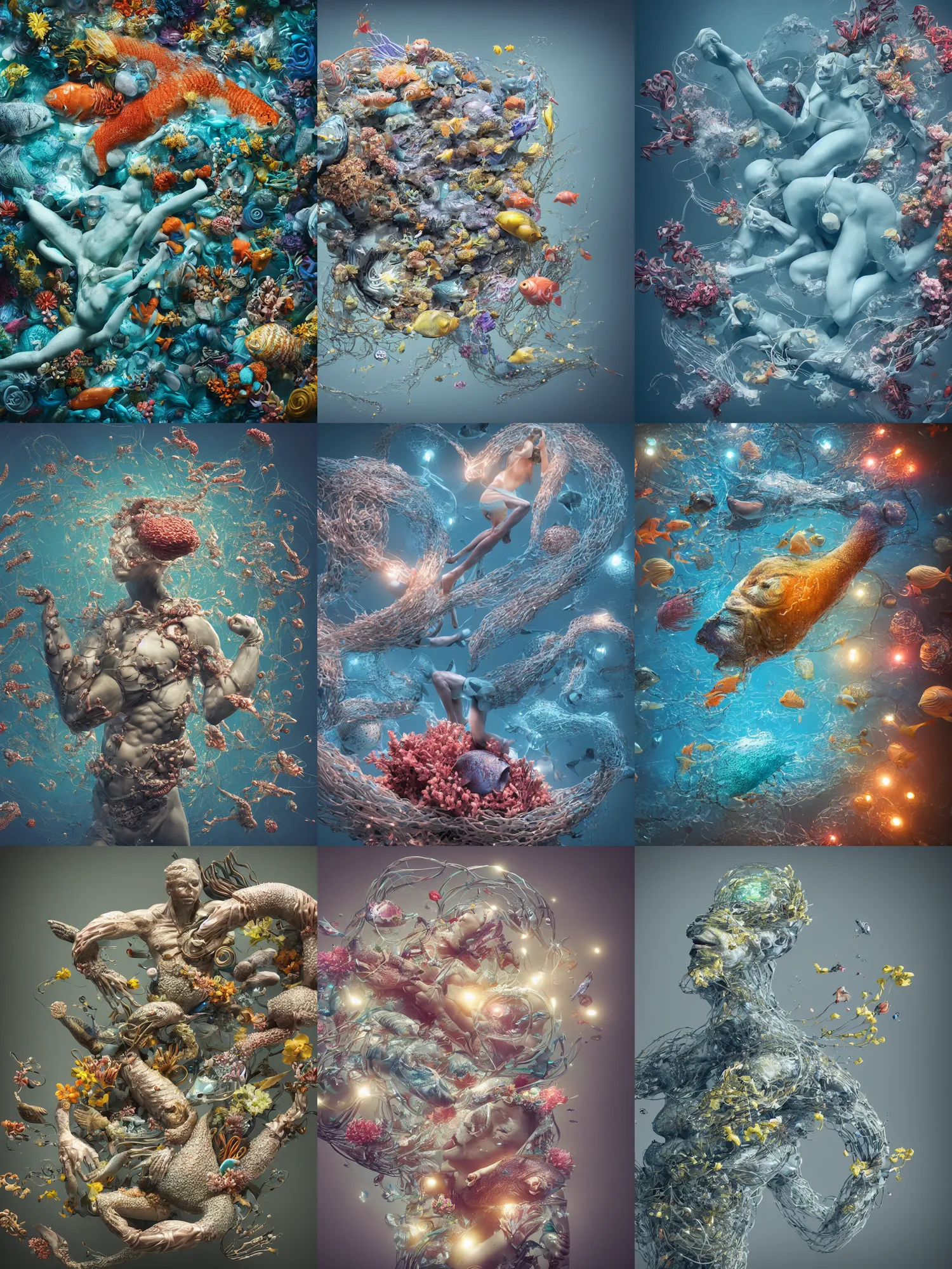 Image similar to a sculpture of fish ocean intertwined, led lighting, a lovely cornucopia of flowers and human body parts, body parts, highly detailed, octane render, cinematic, shock, sharp focus, ball, an independent psycho, clean, studio lighting