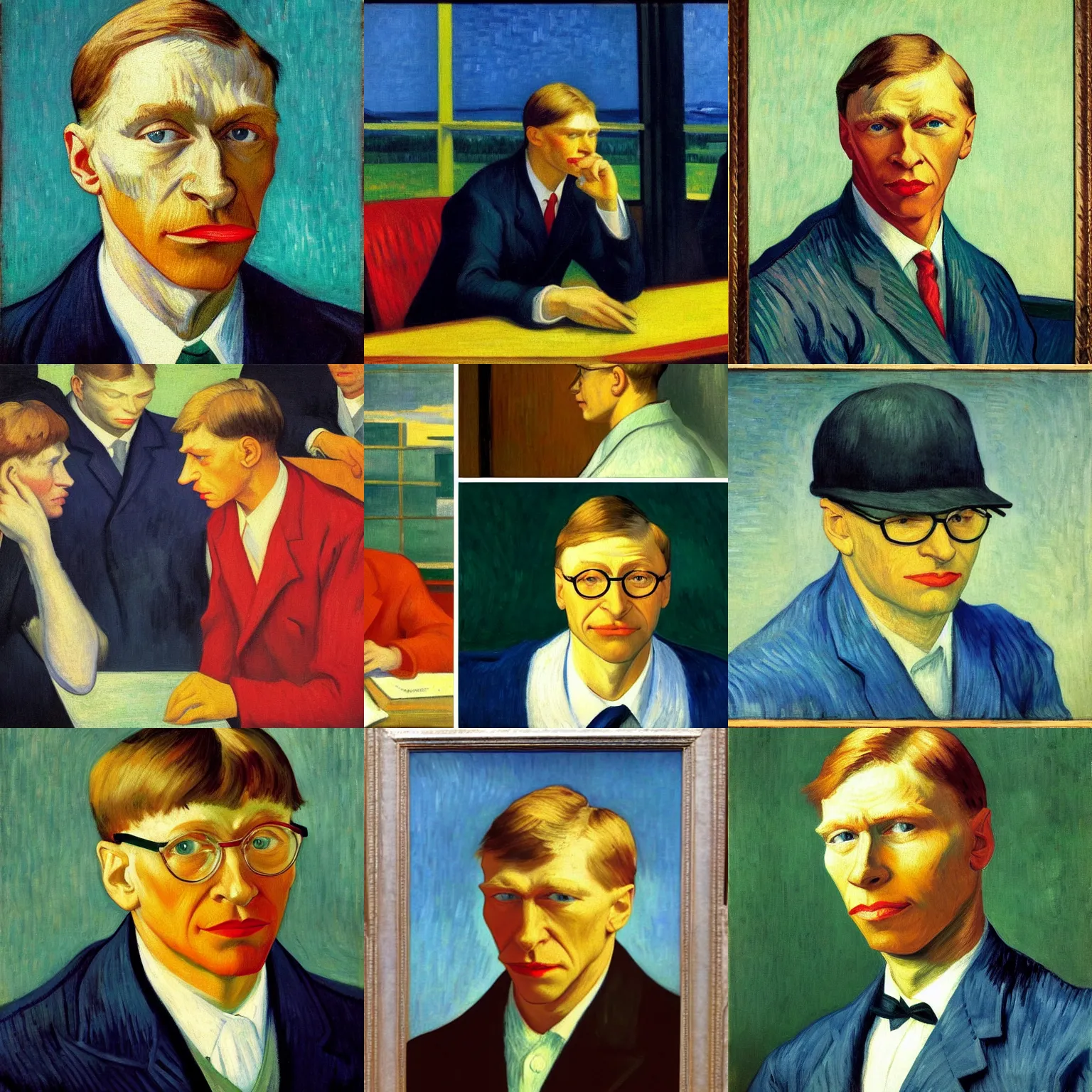 Prompt: edward hopper, bill gates, painted by vincent van gogh, oil on canvas, rene magritte, photorealistic