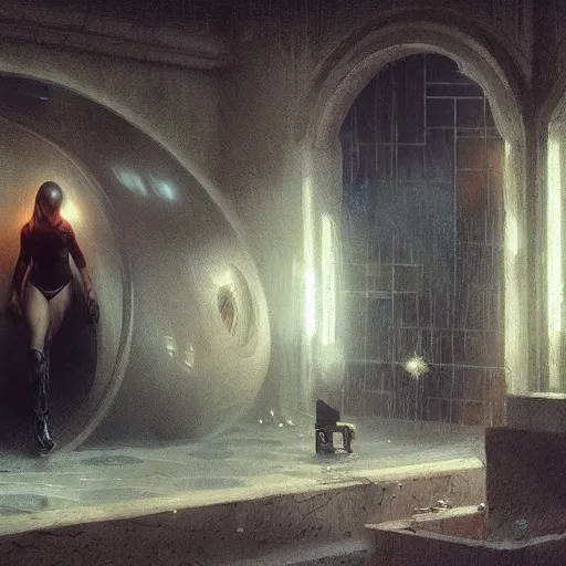 Image similar to a woman emerging from a gyroscopic shell, moment, cyberpunk cloisters, displays, tech noir, wet reflections, atmospheric, ambient, livia prima, greg rutkowski, edward hopper