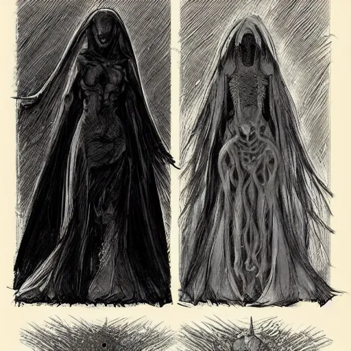 Prompt: concept designs for an ethereal wraith like figure with a squid for a head that has latched onto a human host and wearing a cloak like a bat that floats around collecting vials and jars for unknown reasons like a crow would and that hides amongst the shadows for the resident evil game franchise with inspiration from the franchise Bloodborne and the mind flayer from stranger things on netflix