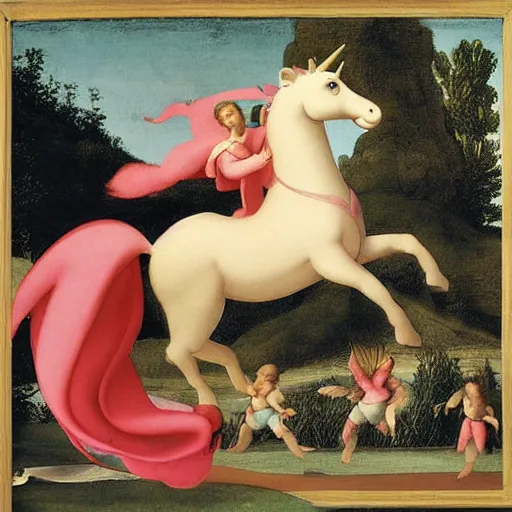 Prompt: A pink unicorn jumping through the air, mystical fantasy by Raphael, illustration