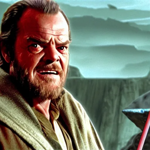 Image similar to jack nicholson as obi wan kenobi in star wars episode 3, 8k resolution, full HD, cinematic lighting, award winning, anatomically correct