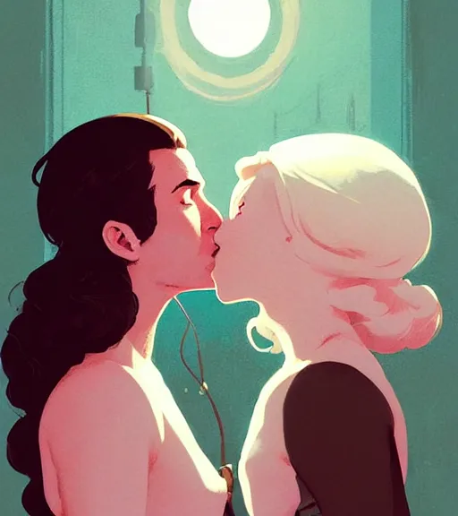 Image similar to portrait of jon kissing dany by atey ghailan, by greg rutkowski, by greg tocchini, by james gilleard, by joe fenton, by kaethe butcher, dynamic lighting, gradient light pink, brown, blonde cream and white color scheme, grunge aesthetic