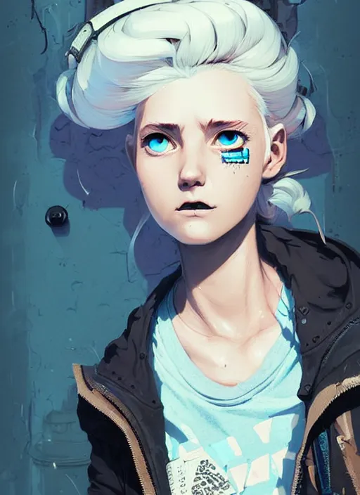 Image similar to highly detailed portrait of a sewer punk lady student, blue eyes, denim jacket, white hair by atey ghailan, by greg rutkowski, by greg tocchini, by james gilleard, by joe fenton, by kaethe butcher, gradient blue, black, brown and cyan color scheme, grunge aesthetic!!! ( ( graffiti tag wall background ) )