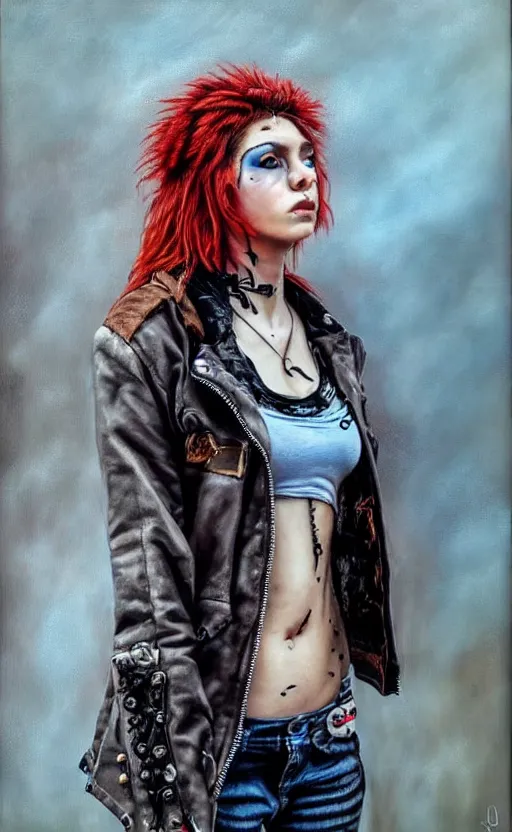 Image similar to cute punk rock girl, mad max jacket, renaissance, cables on her body, hyper realistic style, oil painting, fantasy by Olga Fedorova