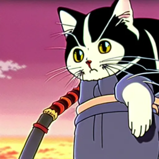 Prompt: anime key visual of hayao miyazaki studio ghibli, short - hair tabby cat wearing samurai armor, kurosawa black and white