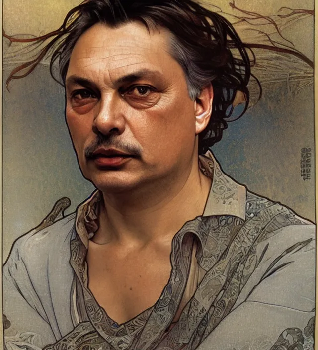 Prompt: detailed closeup portrait of viktor orban by alphonse mucha, ayami kojima, yoshitaka amano