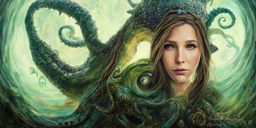 Image similar to Fantasy fairytale style portrait painting, Great Leviathan Turtle, cephalopod, Cthulhu Squid, hybrid, Mythic Island, center Universe, accompany Cory Chase, Blake Lively, Anya_Taylor-Joy, Grace Moretz, Halle Berry, Mystical Valkyrie, Anubis-Reptilian, Atlantean Warrior, hybrid, intense fantasy atmospheric lighting, digital oil painting, hyperrealistic, François Boucher, Michael Cheval, Oil Painting, Cozy, hot springs hidden Cave, candlelight, natural light, lush plants and flowers, Spectacular Mountains, bright clouds, luminous stellar sky, outer worlds, michael whelan, William-Adolphe Bouguereau, Jessica Rossier, HD,