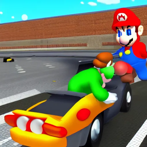 Image similar to screenshot of a carjacking in super mario 6 4