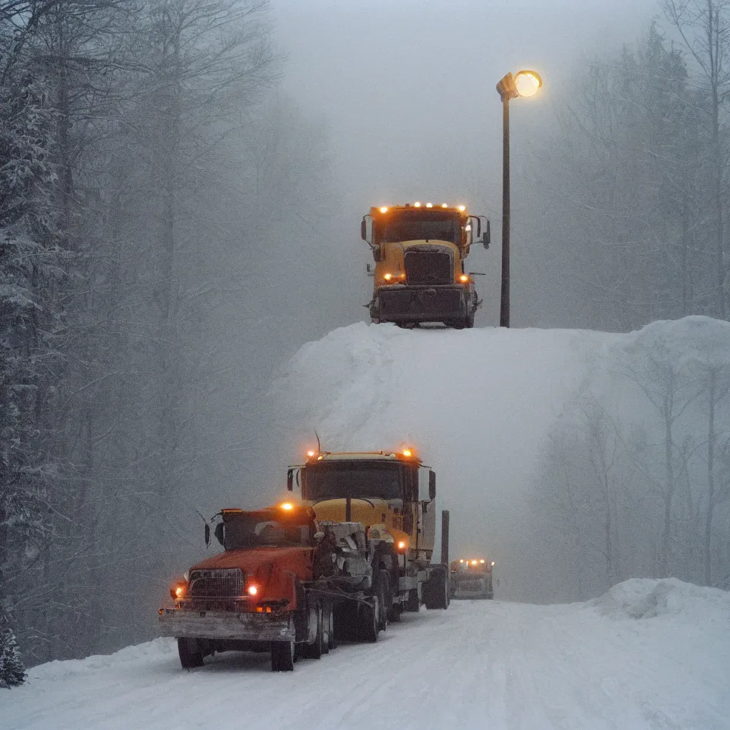 Image similar to photo, big snow plow truck is in the distance with a bright headlighta. cold color temperature, snow storm. hazy atmosphere. humidity haze. kodak ektachrome, greenish expired film, award winning, low contrast,