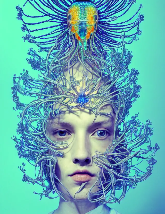 Image similar to symmetrical, centered, goddess close-up portrait wigh crown made of skulls. phoenix betta fish, phoenix, bioluminiscent creature, super intricate ornaments artwork by Tooth Wu and wlop and beeple and Dan Flavin and David Spriggs and Daniel Buren and greg rutkowski