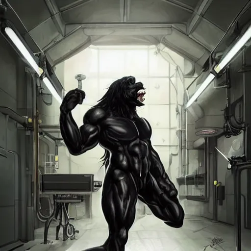 Prompt: splash art of a super buff black - coated anthropomorphic horse character in a research facility wearing a leather combat suit, long hair, exaggerated muscles, highly detailed, furry, furaffinity, digital painting, artstation, sharp focus, illustration, art by artgerm, greg rutkowski, alphonse mucha