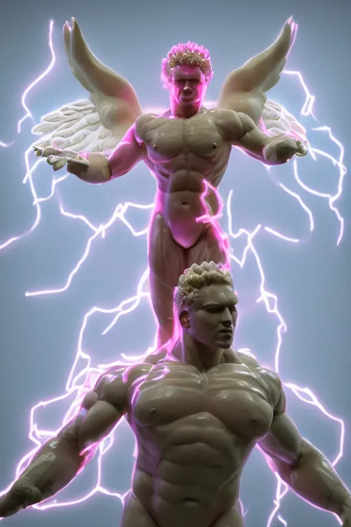 Image similar to photo of fullbody rococo delicate neon pink sculpture of a hulking herculean muscular onyx albino marble brock lesnar as an iridescent humanoid deity, angelic halo, wings, sunrays, cinematic lighting, photorealistic, octane render, 8 k, depth of field, 3 d