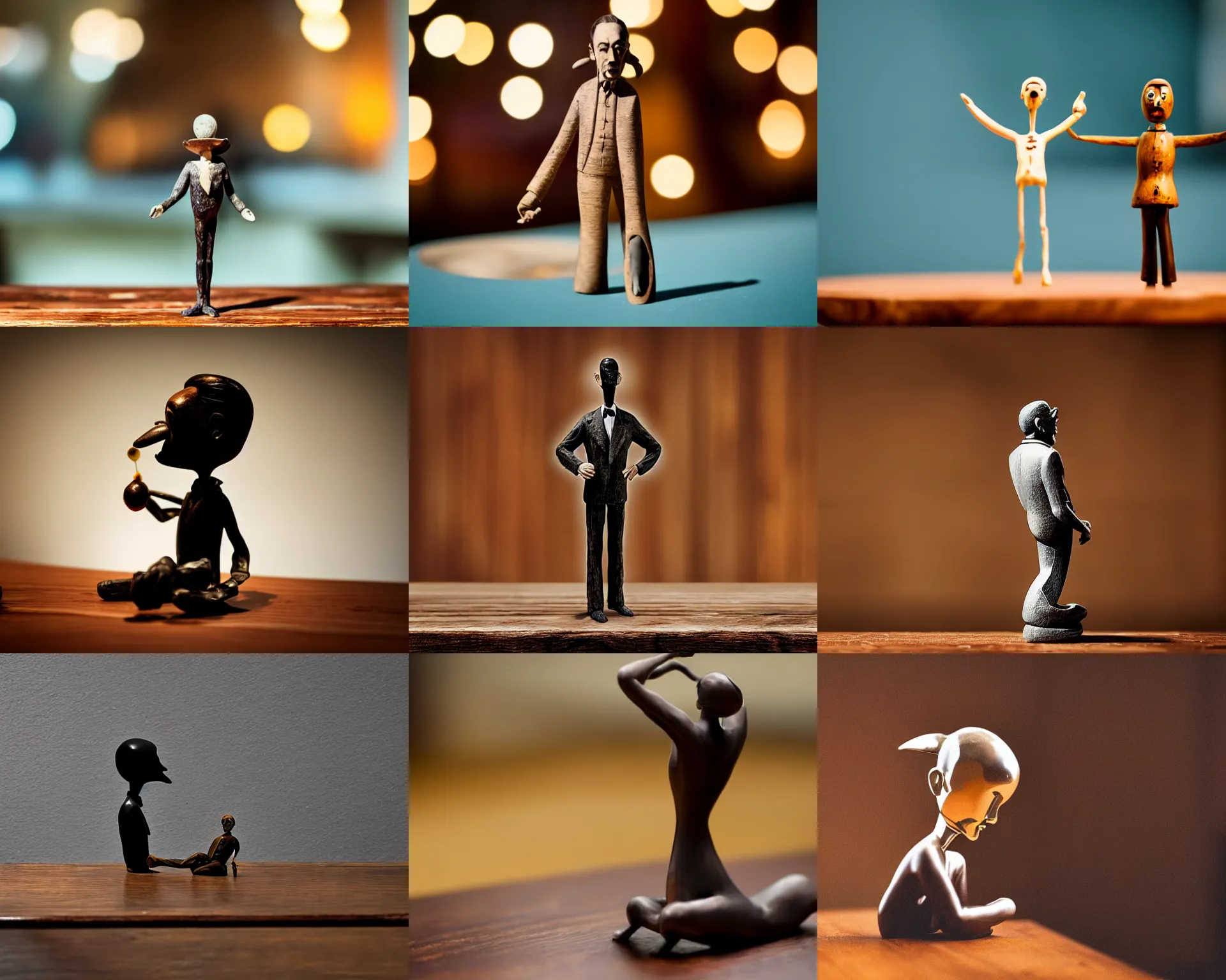 Prompt: salvador dali figurine by pixar sad bokeh on wooden table.