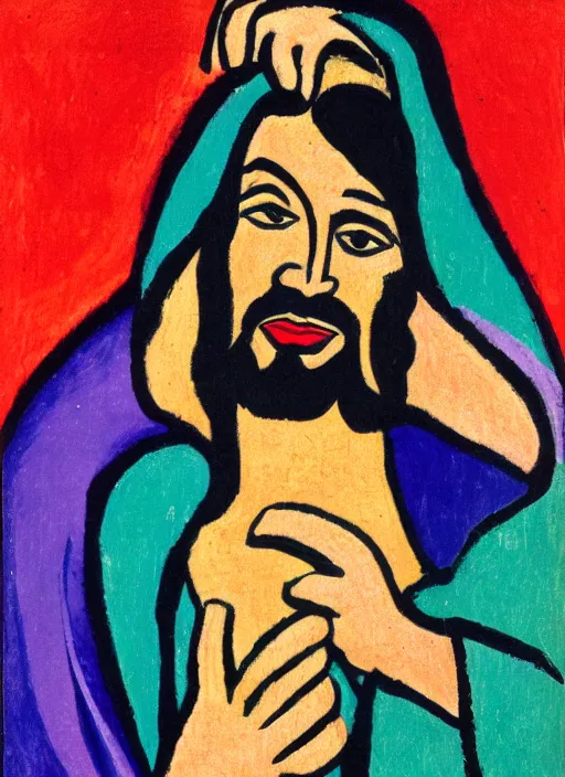 Prompt: self portrait of jesus parting seductively, 8 k cel shades, pivix, in the style of ernst ludwig kirchner