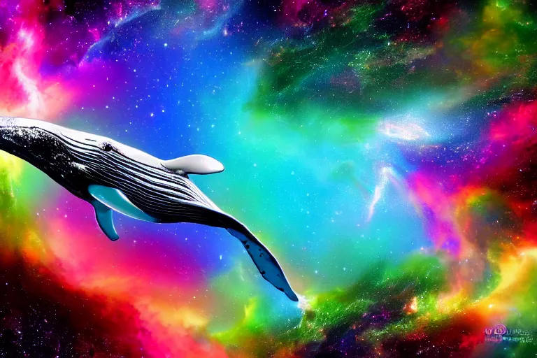 Image similar to a cosmic humpback whale swimming through a colorful space nebula with a black hole, event horizon, digital art, photorealistic