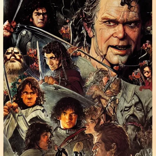 Image similar to variations on the legendary theatrical release poster of ralph bakshi lord of the rings movie, artist norman rockwell