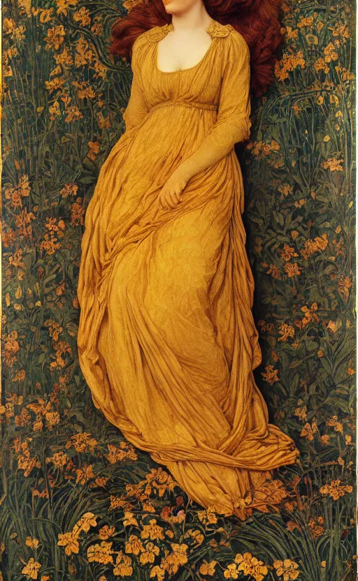 Image similar to preraphaelite full body portrait photography masterpiece hybrid of judy garland and florence welch, reclining, brown hair fringe, yellow ochre ornate medieval dress, kilian eng and william holman hunt, frederic leighton, ford madox brown, william morris, framed 4 k