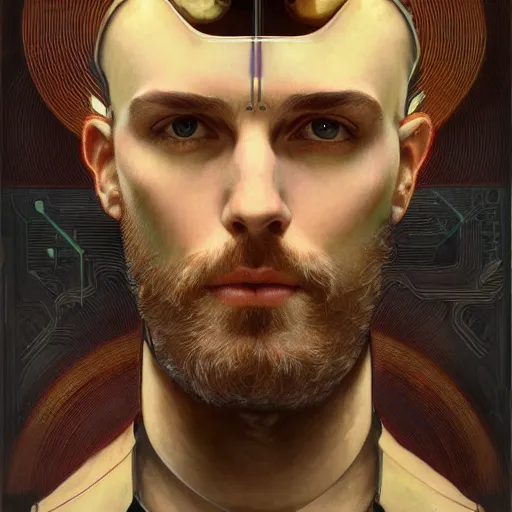 Image similar to portrait of bearded male android, coy, circuitry visible in head, in the style of ex machina, karol bak, alphonse mucha, greg rutkowski, award winning, hr giger, artstation