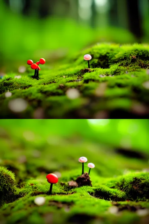 Prompt: pikmin on a mossy forest floor, tilt shift photography