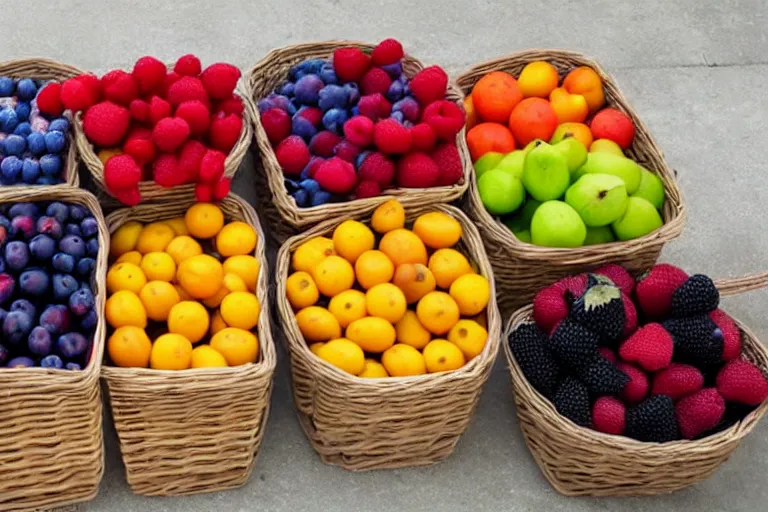 Prompt: three separate baskets of fruit, sorted by color