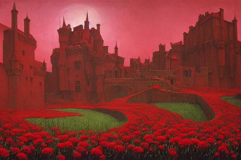 Image similar to only with red, red flowers of different types, a red tiger, a castle in the background, medieval demons dance over the flowers, an ancient path, in the style of beksinski, part by hopper, part by rodcenko, part by hofbauer, intricate composition, red by caravaggio, insanely quality, highly detailed, masterpiece, red light, artstation