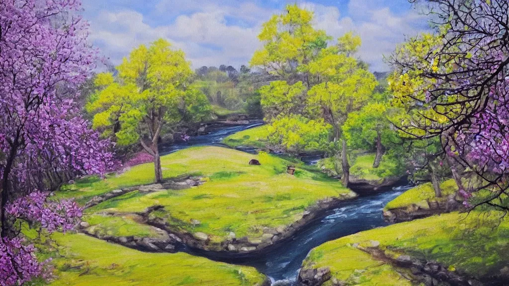 Image similar to A beautiful landscape oil painting of a hill with trees, a person is walking trhough the river and anoter person is sitting under a tree, the spring has arrived and the trees are blooming and covered with yellow, pink, purple and red flowers, the river come from the waterfall and is zigzagging and flowing its way, the river has lots of dark grey rocks, by Greg Rutkowski