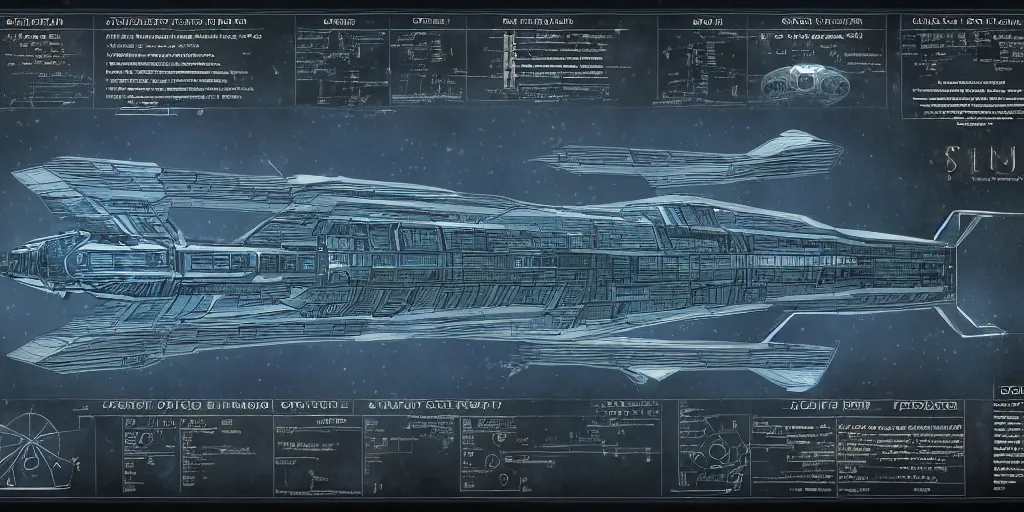 Image similar to detailed infographic blueprint of one messenger spaceship in the style of eve online by john howe