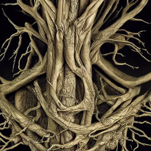 Image similar to A tree with translucent skin, visible muscles and veins and arteries and bones and spines and nerves, beautiful detailed intricate insanely detailed octane render, 8k artistic photography, photorealistic, chiaroscuro, by David Cronenberg, Raphael, Caravaggio