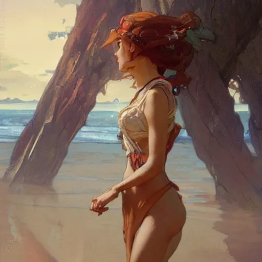 Prompt: female character at the beach. Renowned character illustration by greg rutkowski, thomas kindkade, alphonse mucha, loish, norman rockwell. Trending on artstation.