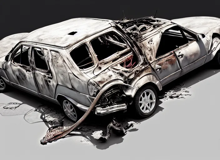 Image similar to a big woman intertwined axolotl in burning wrecked mercedes 1 2 4, ultrafine hyperdetailed illustration by kim jung gi, masterpiece. rendered in blender, smooth shadows, ultra detail, high resolution, unreal 6, 8 k