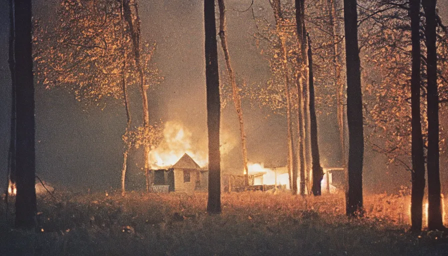 Prompt: 1 9 7 0 s movie still by andrei tarkovsky of a heavy burning french style little house in a small northern french village by night in autumn, pines forest, cinestill 8 0 0 t 3 5 mm, heavy grain, high quality, high detail, dramatic light, anamorphic, flares, by mini - dv camera