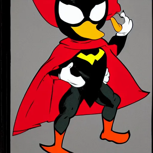 Image similar to An anthropomorphic duck wears a black superhero costume with a black mask and a red cape. Comic book style