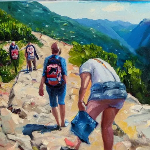 Image similar to tourists wearing sandals with socks falling down the mountain, oil painting